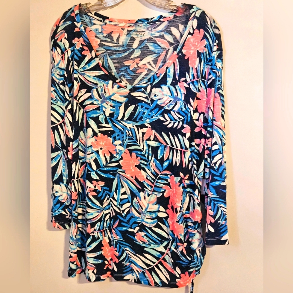 Casey Key Blouse Women's Large Multicolor Tropical Floral Round Neckline